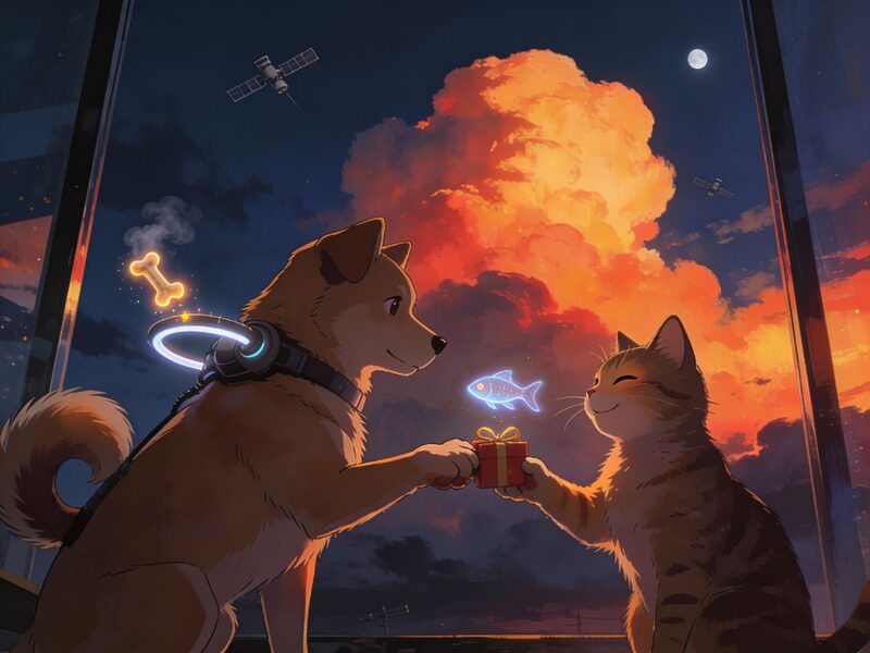 Playful exchange: the dog produces a floating space-bone treat and the cat offers a drifting holographic fish; both items glow faintly.