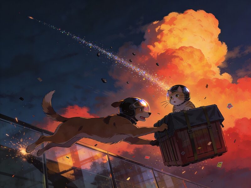 Dynamic action panel: a sudden stream of small, glittering micrometeoroids hurtles past, streaking with motion blur.