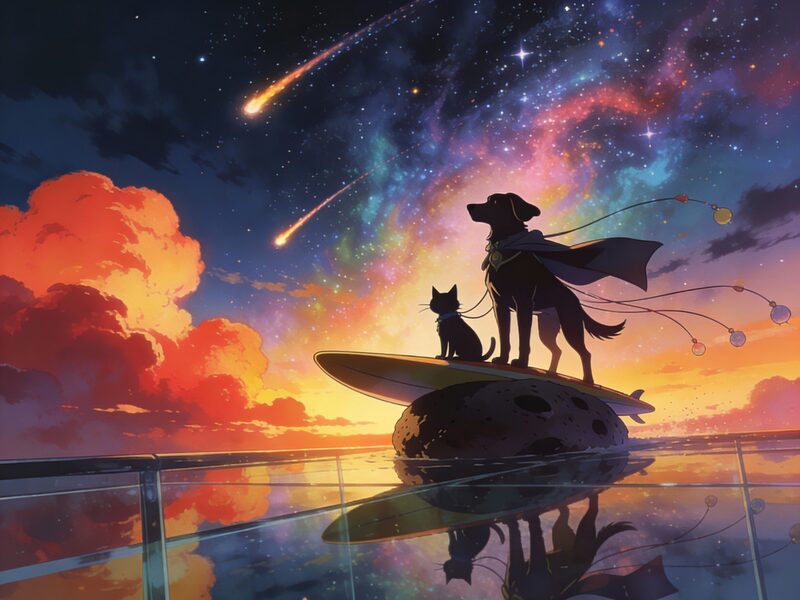 Epic, joyful panel: the cat and dog ride atop a small, rounded asteroid like a surfboard, silhouetted against a vibrant, colorful nebula…