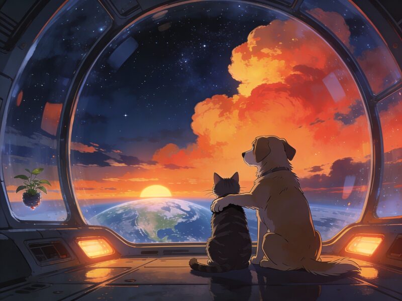 Quiet, cozy final image: a soft, panoramic shot of the two inside a shared, bubble-like habitat module with a wide viewport.