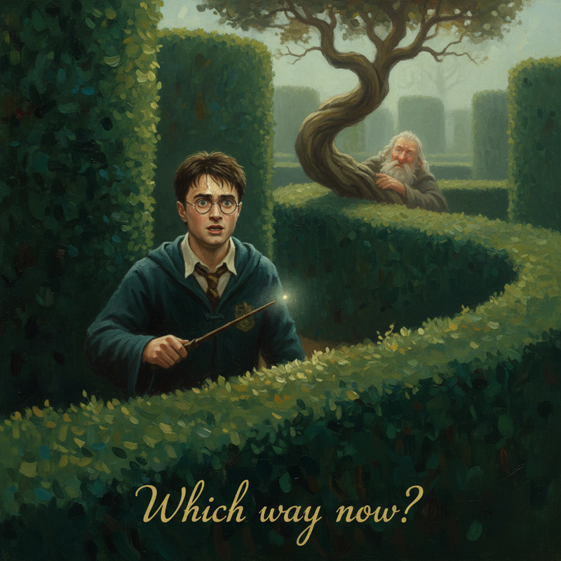 Harry navigating a dense, green hedge maze.