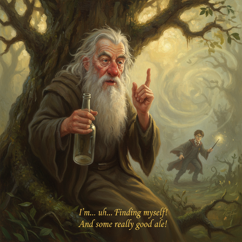 Gandalf raises a finger, his expression bleary and unfocused.