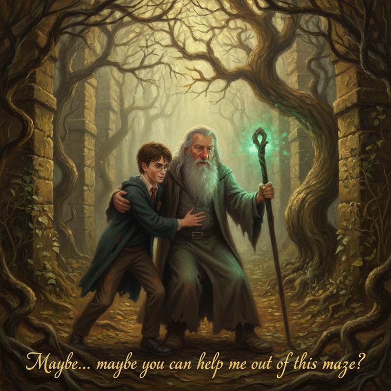 Harry helps a staggering Gandalf to his feet.