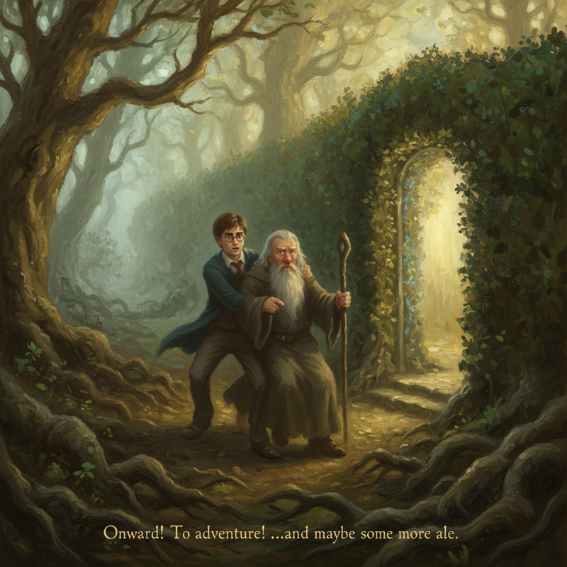 Harry and Gandalf, both looking slightly disoriented but heading towards a shimmering exit portal, carved into the hedge wall.