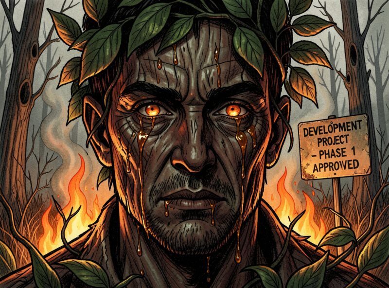 Close-up on Timber's face framed by leaves, firelight reflected in his hollow knot-eyes: tiny tongues of flame lick the dry underbrush…