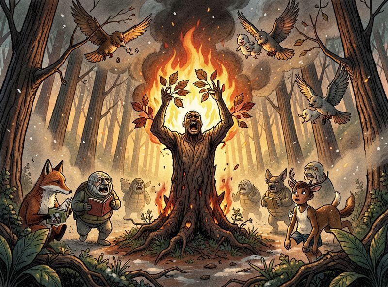 Chaotic wide panel: the inferno has leapt through undergrowth and now roars between trunks.