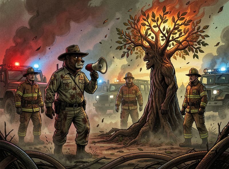 Red and blue emergency lights slice through thick smoke; armored forestry vehicles and hoses are half-buried in haze.
