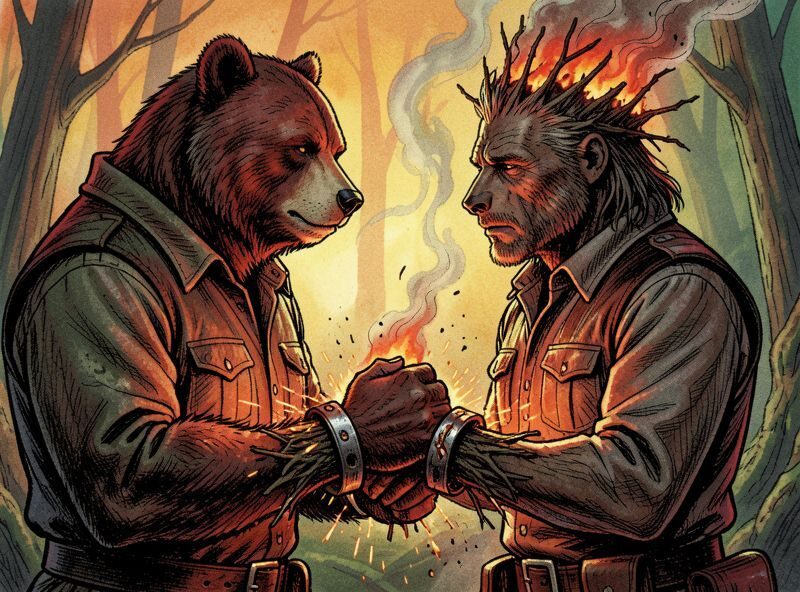 Intimate mid-shot: the Bear Sheriff clasps heavy iron cuffs around Timber's smoldering branch-wrists.