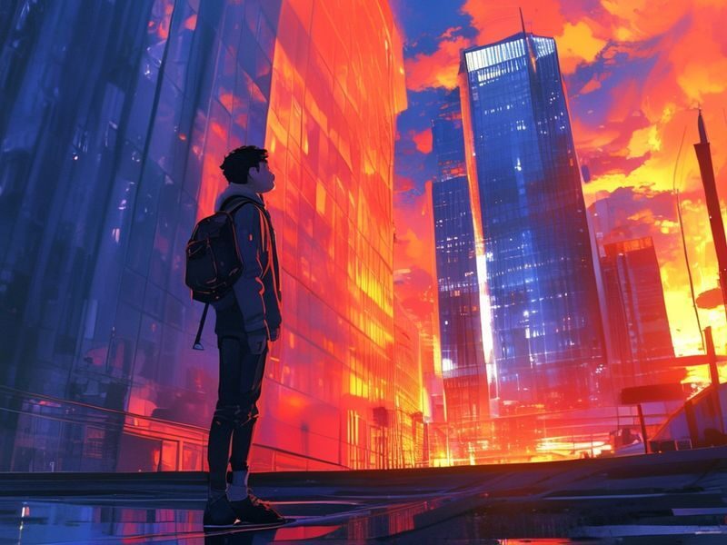 cinematic city street at sunrise, towering gleaming glass skyscraper reflecting vivid sky, young male IT specialist with backpack standing…