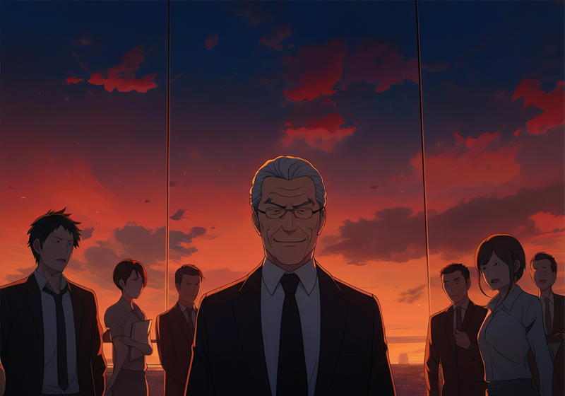 medium shot of CEO with entourage, half-smiling, eyebrow slightly raised, gesturing toward the direction the hero walked, subtle implied…