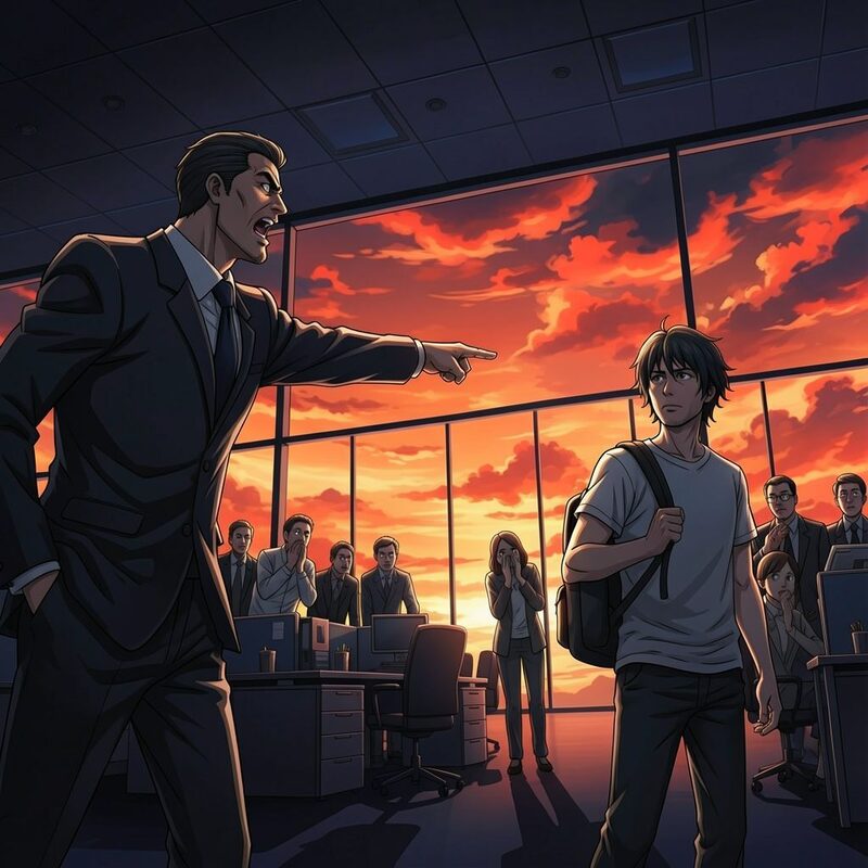 powerful confrontational office scene: CEO in foreground pointing decisively across the room, bold body language, mouth open mid-command…