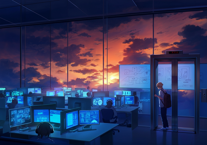 modern corporate IT floor interior, rows of glowing monitors in blues and greens, whiteboards crowded with diagrams, young male IT…
