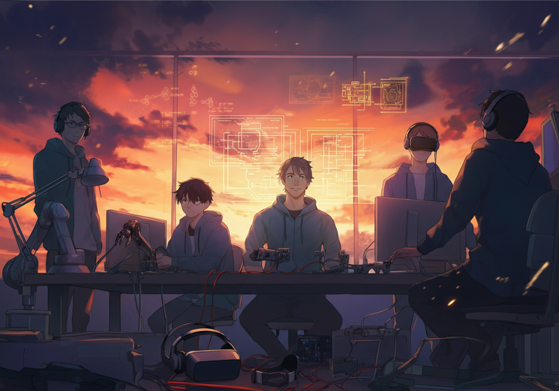 group of relaxed tech coworkers around a cluttered desk, hoodies and headphones, half-built gadgets on the table (robot arm, PCB, VR…