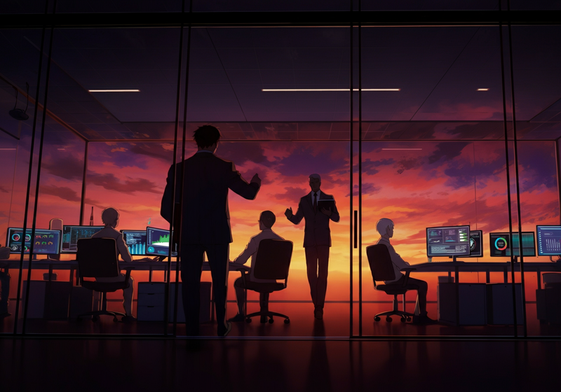 glass-walled meeting area at front of IT floor, sharp-suited CEO with flawless hair and slim tablet walking toward the IT cluster, managers…