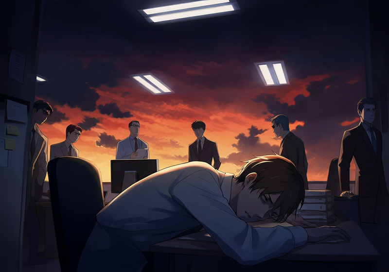 dramatic office scene from slightly low angle, coworkers surrounding the young IT specialist press him down toward his desk, forming a…