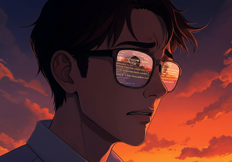 close-up of young male IT specialist's face, stuck behind coworkers, reflections of code and spreadsheets in his glasses, ghostly overlay…