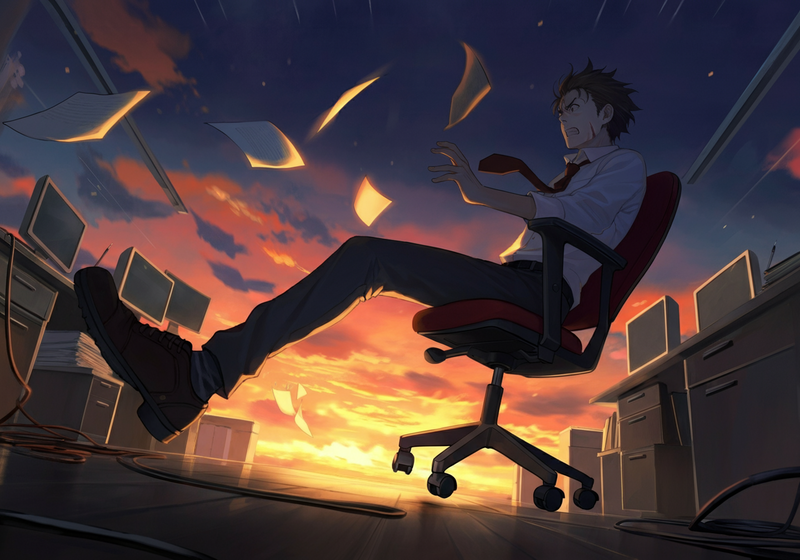 explosive action in office: young IT specialist shoves his rolling chair back hard, papers flying, coworkers recoiling in surprise, his…
