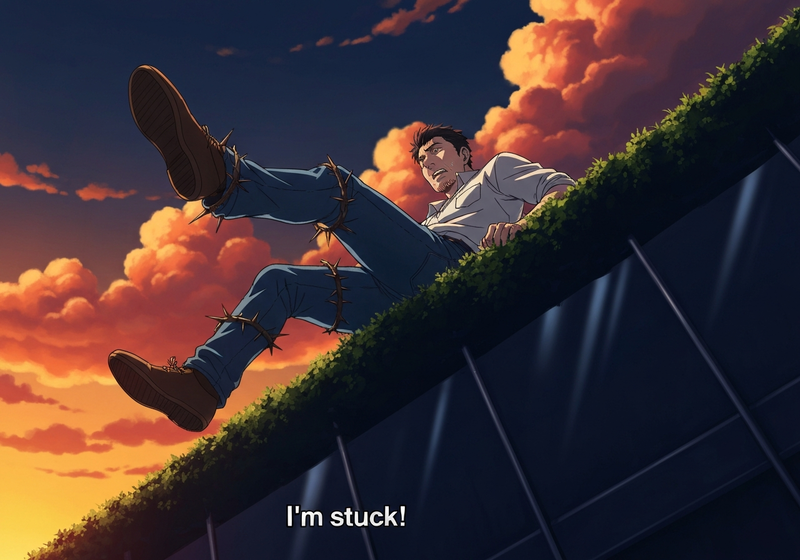 Close-up of the man's legs dangling from the hedge.
