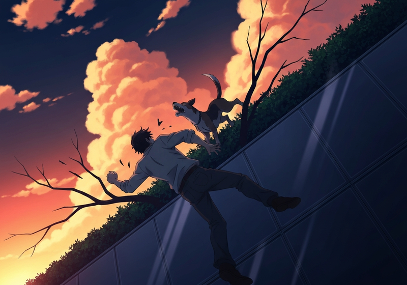 The man, in extreme pain, flailing wildly as the dog continues to bite his butt from the other side of the hedge.