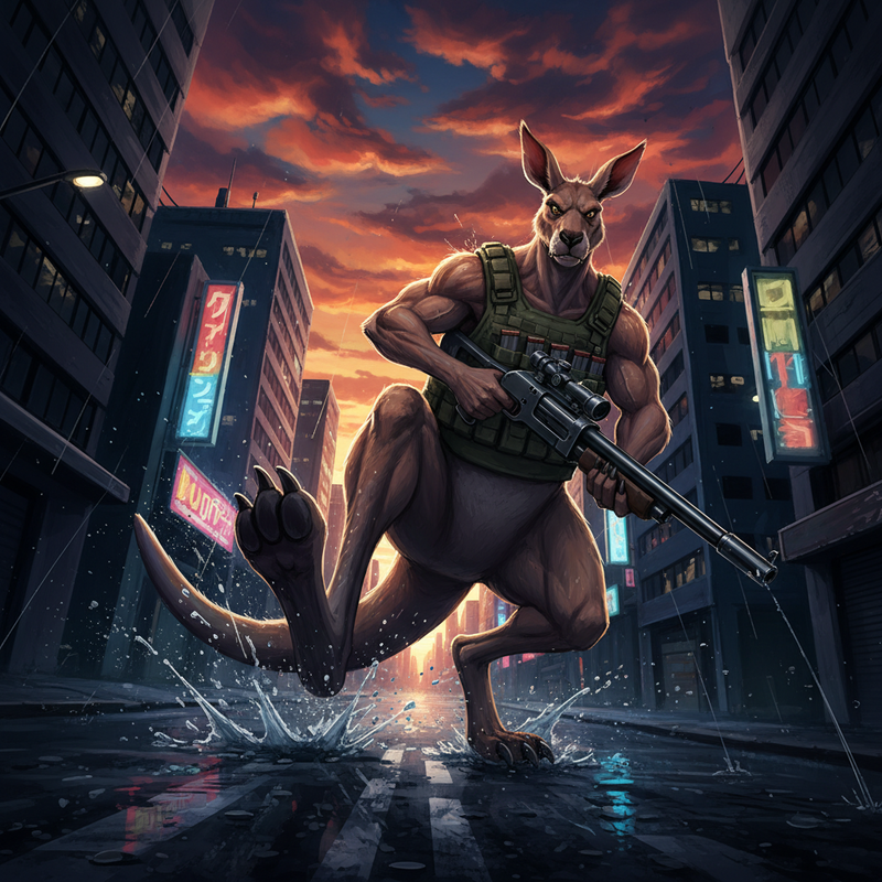 Close-up on a kangaroo's powerful, muscular legs pounding a grimy, rain-slicked city street at night.