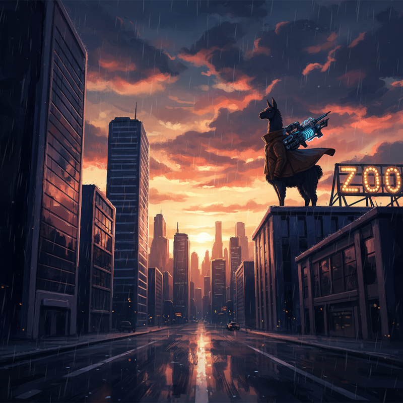 A stark, pre-dawn cityscape.