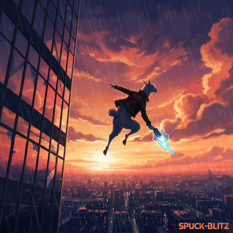 A high-angle shot of A lone Llama, Kaiser, stands atop a skyscraper, silhouetted against the faint, graying sky.