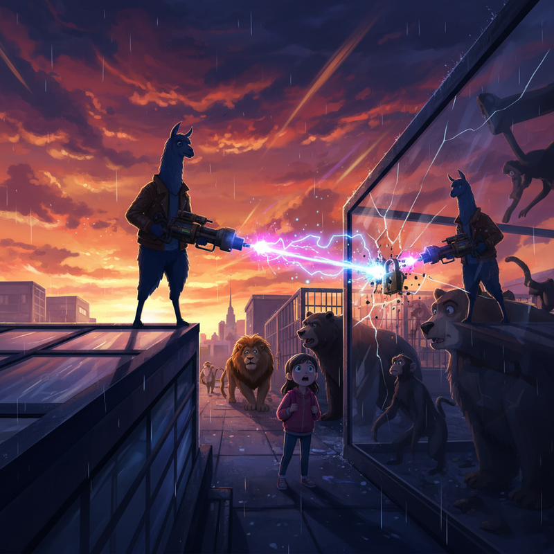 A lone Llama, Kaiser, stands atop a skyscraper, silhouetted against the faint, graying sky.