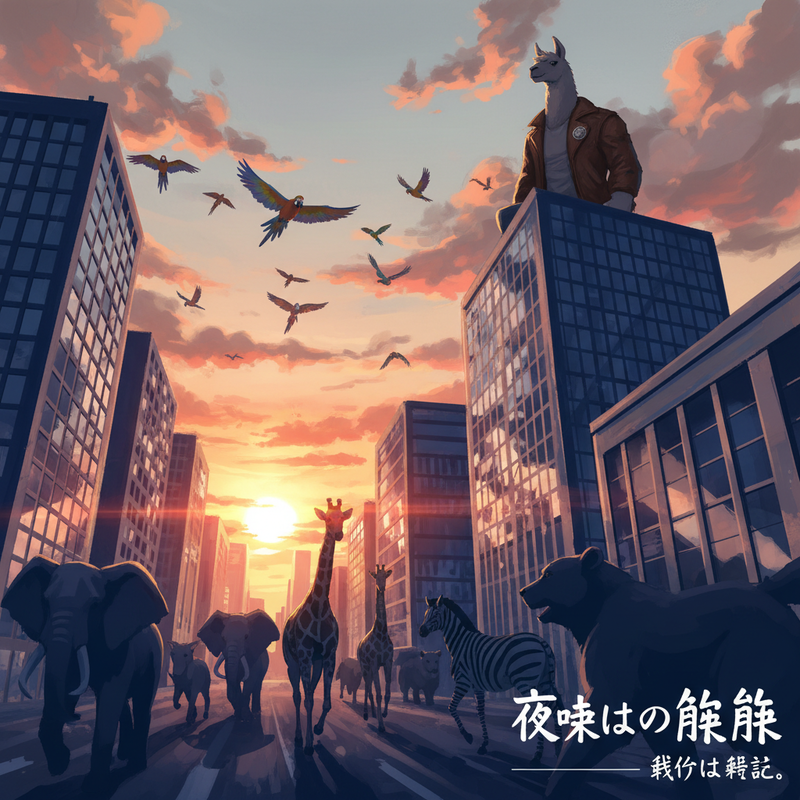 Dawn breaks over the city as animals, now freed, stream into the streets.