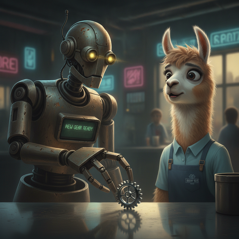 An old, scuffed REPAIR-BOT (medium-sized, made of dull, oxidized bronze-colored metal with visible dents and scratches, an articulated…