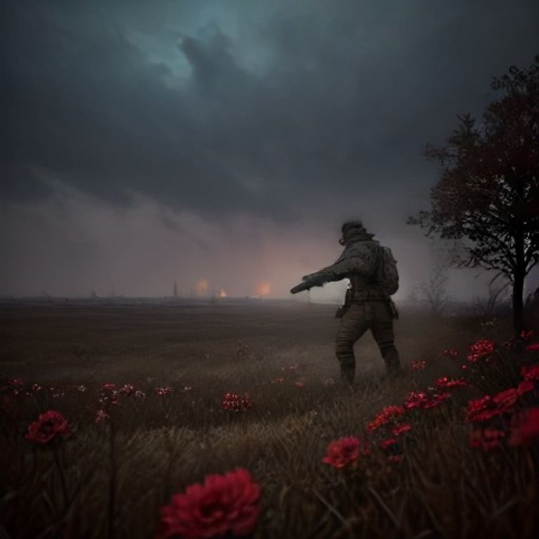 A devastated battlefield under a smoky sky, explosions blooming like flowers in the distance.