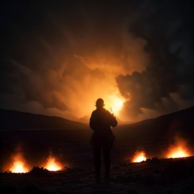 A dark silhouette of the soldier lies motionless in the mud as a massive orange explosion erupts behind him, fireball lighting the sky.