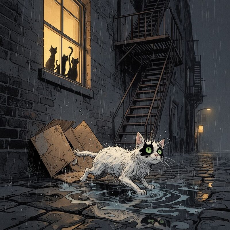 Midnight urban street, heavy rain hammering down, wet cobblestones reflecting neon.