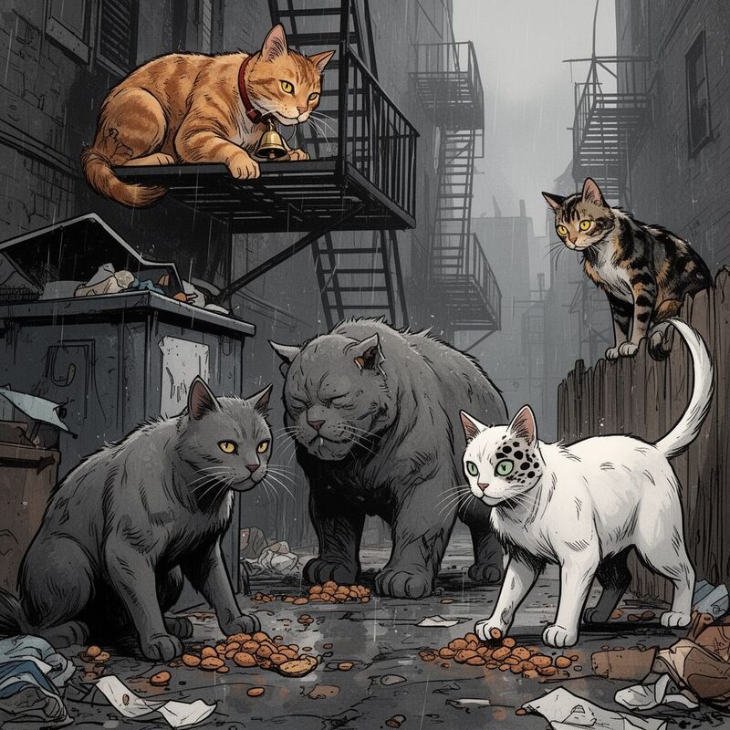Harsh grey morning, alleyway with scattered garbage.