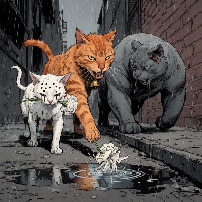 Alley mouth, concrete and puddles.