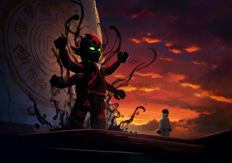 Morro's Shadow stands before a massive, sealed stone door carved with Ninjagoan script.