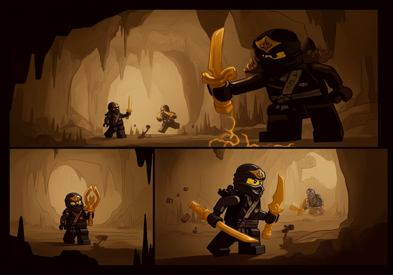 Flashback panel (sepia tone): The First Spinjitzu Master battling a similar shadow entity in this cave.