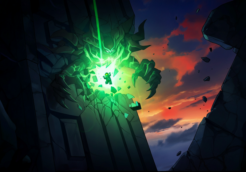 The stone door shatters outwards, revealing a blinding, corrupted green light.