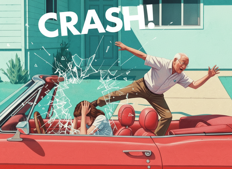 Close-up of the convertible's rear windshield shattering as the old man crashes into the back seat.