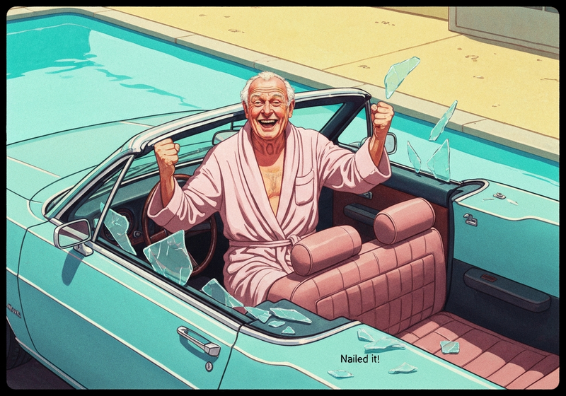The old man is now sitting in the back seat of the convertible, surrounded by shattered glass.