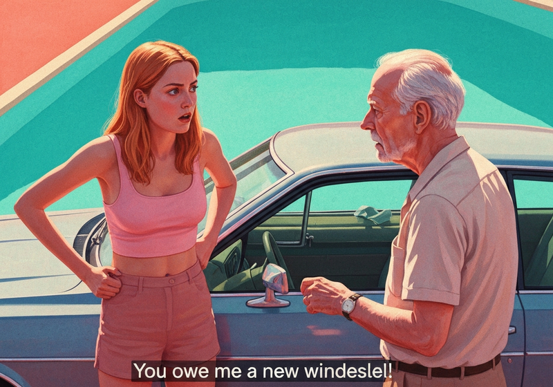 The young woman is staring at the old man with disbelief, hands on her hips.