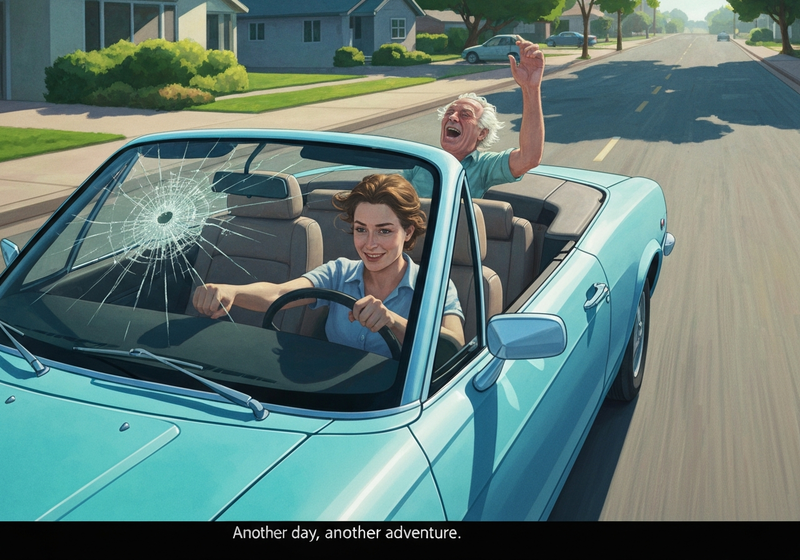The convertible, now with a shattered windshield, speeds down the suburban street.