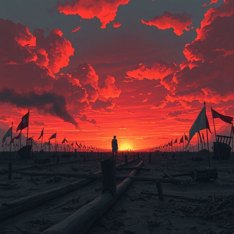 Wide dusk panorama of a ruined plain stitched with tattered flags on splintered poles, broken spears jutting from churned mud, and hulks of…