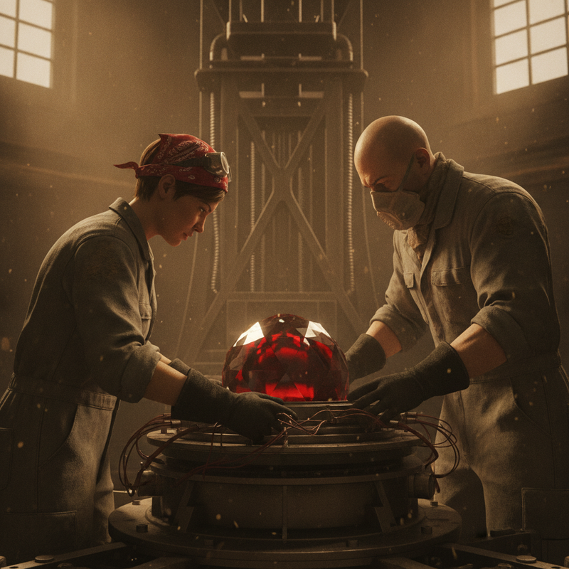 Medium over‑the‑shoulder shot of two engineers working on a plutonium core.