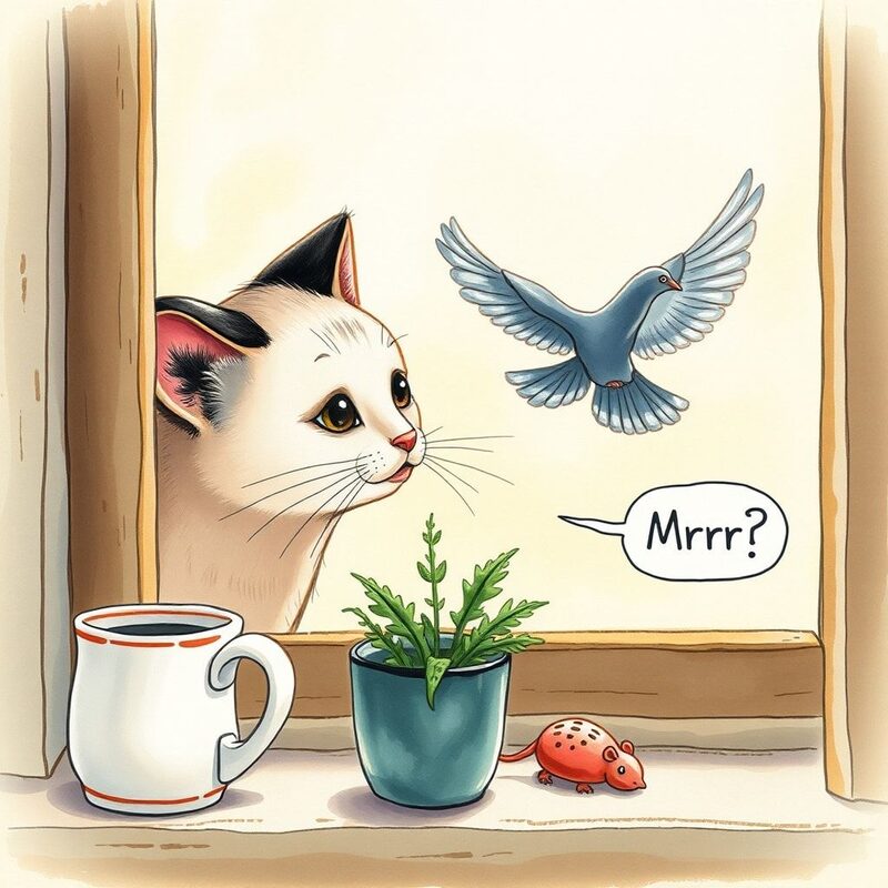 Tight close-up through a slightly fogged window pane: Ink (a small cat with two black ink-blot spots above her ears) presses her nose until…