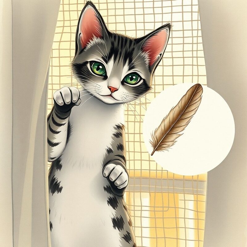 Medium interior shot: Ink (a small cat with two black ink-blot spots above her ears) pushes at the balcony screen with her chest and…