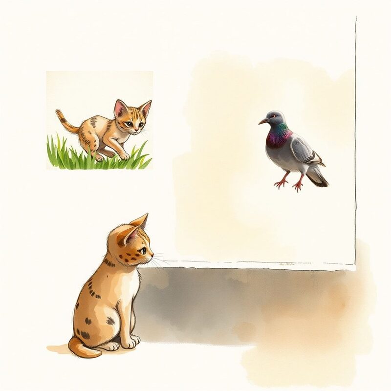 Split composition: a small sepia-tinted inset shows young Ink (a small cat with two black ink-blot spots above her ears) chasing a moth…
