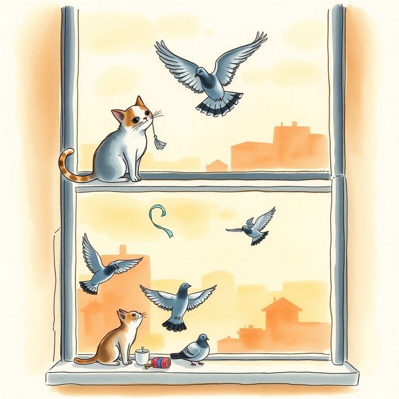 A single panel divided into three horizontal strips forming a morning montage: Top strip — Morning 1: Ink (a small cat with two black…