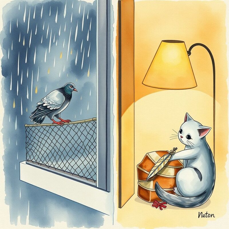 Two-stage composition blending storm and evening contentment: Left side/night — a sudden rainstorm drums the city; a soaked pigeon (a…