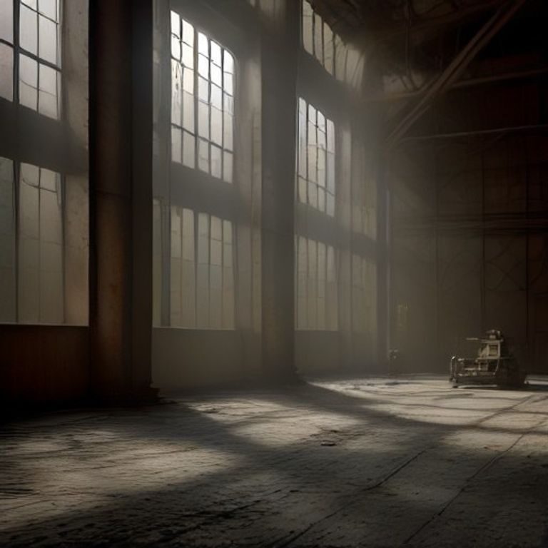 Wide shot of vast abandoned factory floor, dormant rusted machinery, desaturated steel greys and dusty browns.