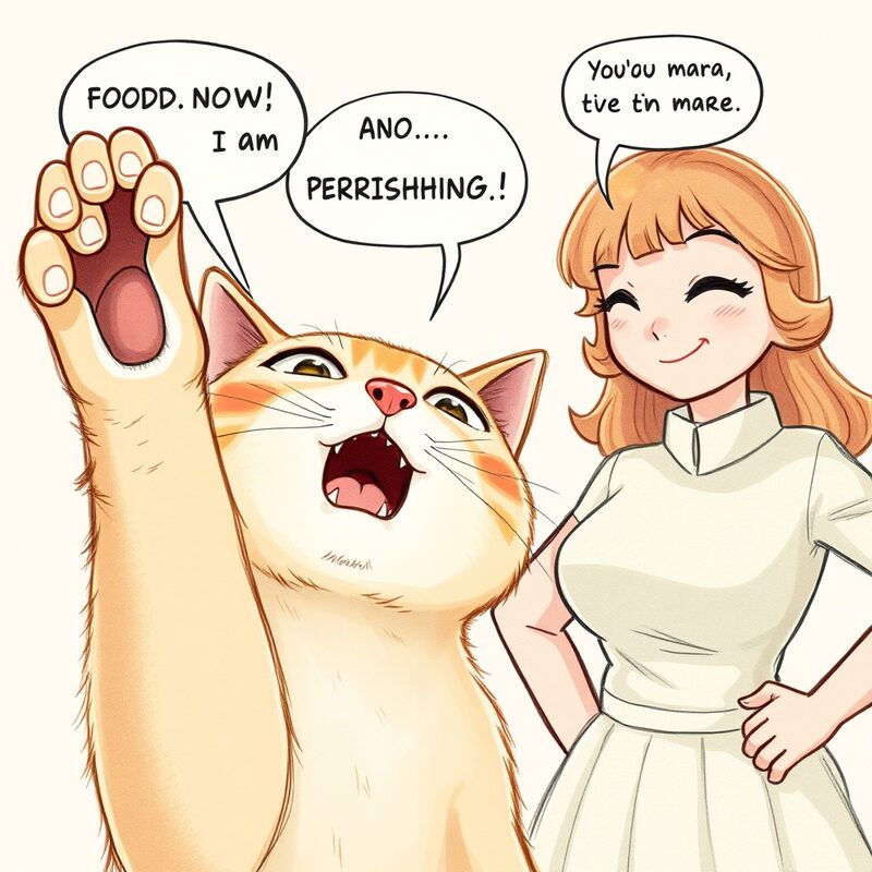 Close-up on BISCUIT's face — one paw lifted mid-reach, claws slightly extended, mouth open in a plaintive, warbling meow, expression…
